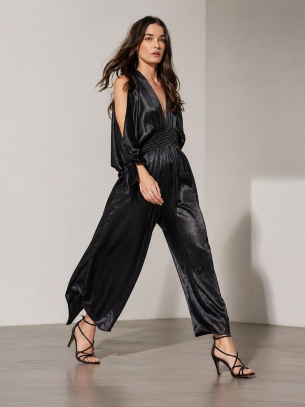 MISA Los Angeles Black Satin Maxi Dress Womens Medium Boho Deep V Tie Back USA